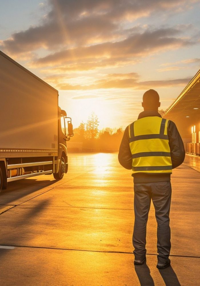 Shipping boxes are being unloaded into a cargo container truck by a warehouse worker. At the dock warehouse, a cargo trailer truck is parked and loaded. Transportation Provider